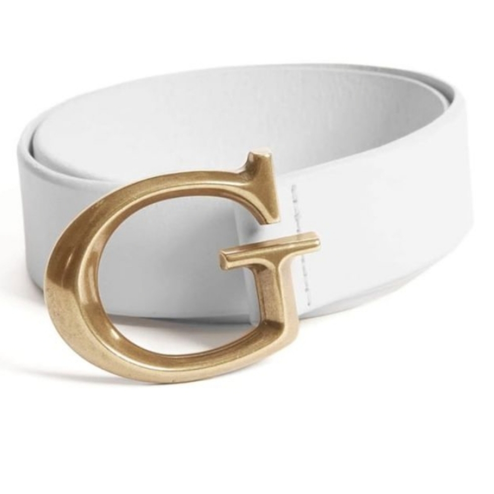 GUESS Jackie G LOGO Gold Buckle White Leather Belt